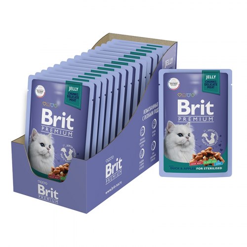 Консерва Brit Premium для взрослых стерилизованных кошек утка с яблоками в желе 1шт/85г