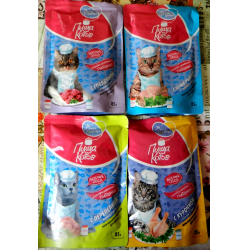 Влажный корм ЗА КОРМА РОДИНЫ для кошек Пища котов с белой рыбкой, кусочки в соусе 85г