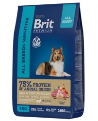 Сухой корм Brit Premium Dog Sensitive, с ягненком и индейкой, для взр.собак всех пород с чувств. пищевар, 8 кг