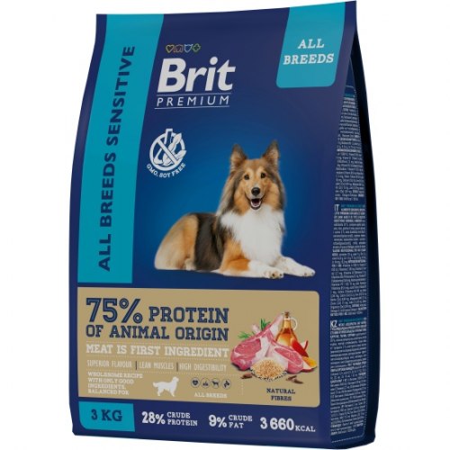 Сухой корм Brit Premium Dog Sensitive, с ягненком и индейкой, для взр.собак всех пород с чувств. пищевар, 3 кг