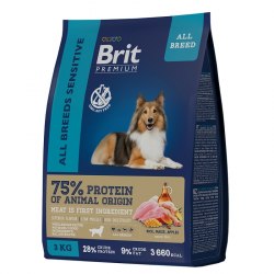 Сухой корм Brit Premium Dog Sensitive, с ягненком и индейкой, для взр.собак всех пород с чувств. пищевар, 3 кг