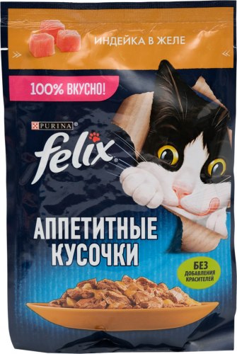 Консерва Felix Аппетитные кусочки. Для взрослых кошек, с индейкой в желе, 75г