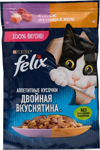 Консерва Felix Двойная вкуснятина для взр.кошек, с ягненком и курицей в желе, 75г