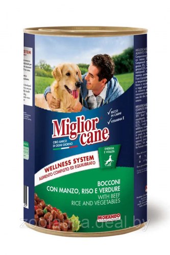 Консерва Miglior cane для собак кусочки говядина/рис/овощи, 1250г