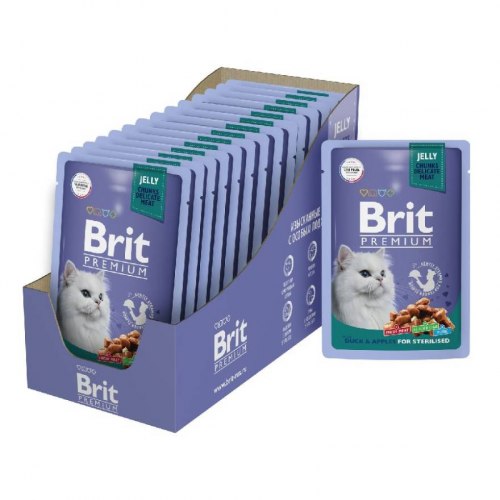 Влажный корм Brit Premium для взрослых стерилизованных кошек утка с яблоками в желе, 85 г/14шт