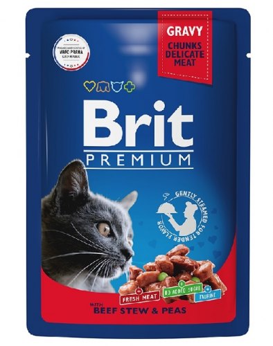 Влажный корм Brit Premium (соус) для взрослых кошек с говядиной и горошком, 85 г/14шт