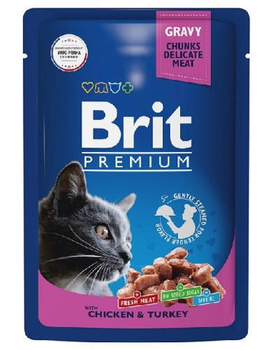 Влажный корм Brit Premium (соус) для взрослых кошек с цыпленком и индейкой, 85 г/14шт
