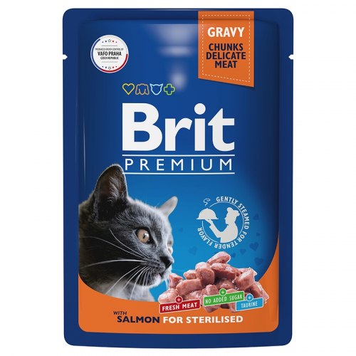 Влажный корм Brit Premium (соус) для взрослых стерилизованных кошек с лососем, 85 г/14шт