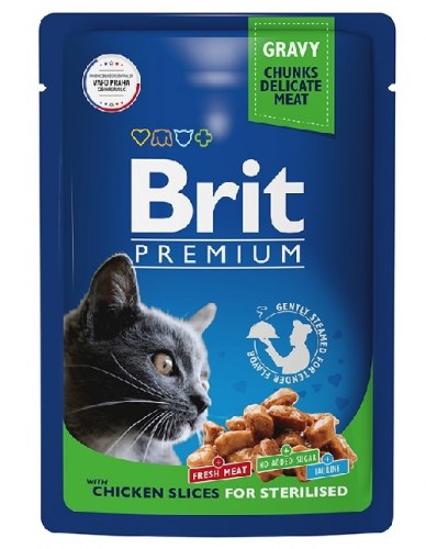 Влажный корм Brit Premium (соус) для взрослых стерилизованных кошек с цыпленком, 85 г/14шт