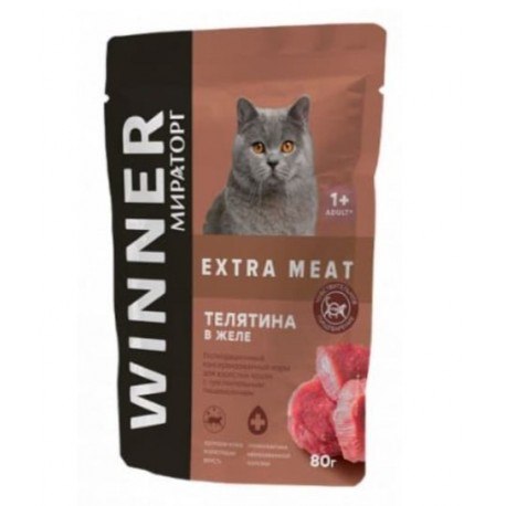 Влажный корм Мираторг Extra Meat для взрослых кошек с чувствительным пищ-м "Телятина в желе" 80г