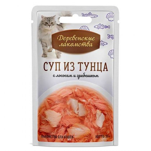 Суп Деревенские лакомства из тунца с лососем и гребешком для кошек, 35г