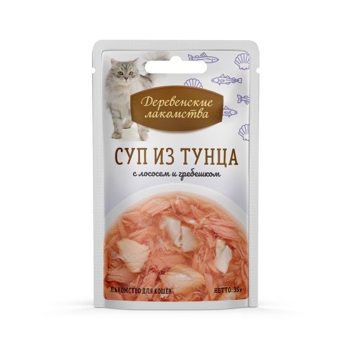 Суп Деревенские лакомства из тунца с лососем и гребешком для кошек, 35г