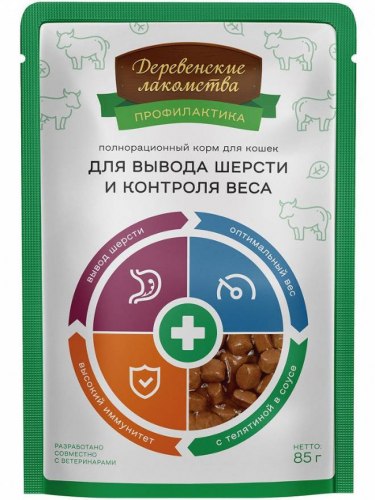 Влажный корм Деревенские лакомства для кошек, вывод шерсти и контроль веса, 85г