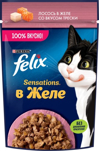Консерва Felix Sensations для кошек с лососем в желе со вкусом трески, 75г