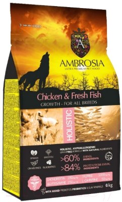 Сухой корм НА РАЗВЕС AMBROSIA GRAIN FREE для щенков всех пород, курица/рыба 1кг