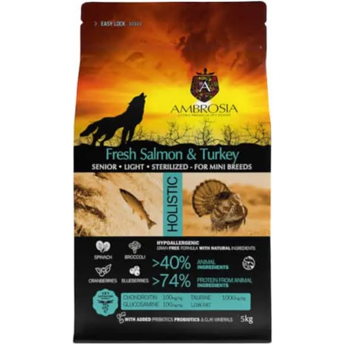 Сухой корм AMBROSIA GRAIN FREE холистик для пожилых собак мини-пород ,лосось и индейка, 1,5кг