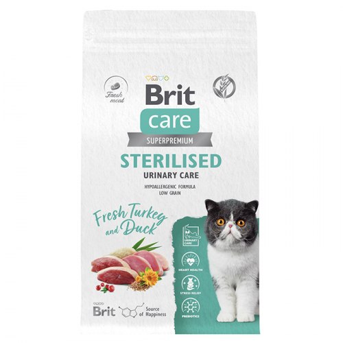 Сухой корм Brit Care для профилактики МКБ у стерилизованных кошек с индейкой и уткой Cat Sterilised Urinary Care, 7кг
