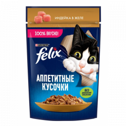 Консерва Felix аппетитные кусочки для взр. кошек, с индейкой в желе, 75г,