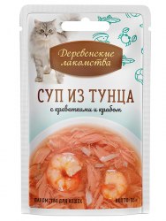 Суп Деревенские лакомства из тунца с креветками и крабом, для кошек,пауч 35г