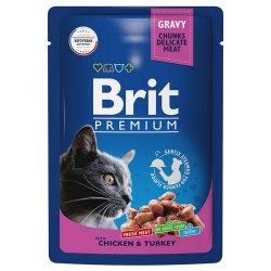 Консерва Brit Premium для взрослых кошек цыплёнок и индейка в соусе 85г