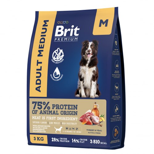 Сухой корм Brit Premium Dog Adult Medium,для взрослых собак средних пород с индейкой и телятиной 15 кг