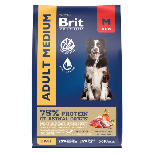 Сухой корм Brit Premium Dog Adult Medium,для взрослых собак средних пород с индейкой и телятиной 3 кг