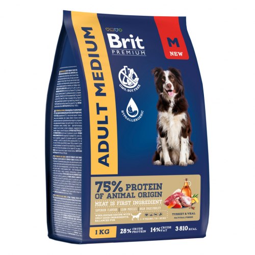 Сухой корм Brit Premium Dog Adult Medium,для взрослых собак средних пород с индейкой и телятиной 3 кг