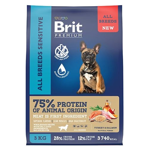 Сухой корм Brit Premium Dog Sensitive,для собак всех пород с чувствительным пищеварением с лососем и индейкой 3 кг