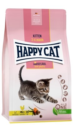 Сухой корм Happy Cat Kitten Land-Geflügel 37,5/21 (птица, лосось, без злаков) , для котят от 4 недель до 5 месяцев, 300г