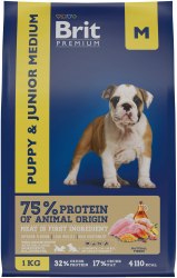 Сухой корм НА РАЗВЕС Brit Premium Dog Puppy and Junior Medium,для щенков и молодых собак средних пород с курицей 1 кг