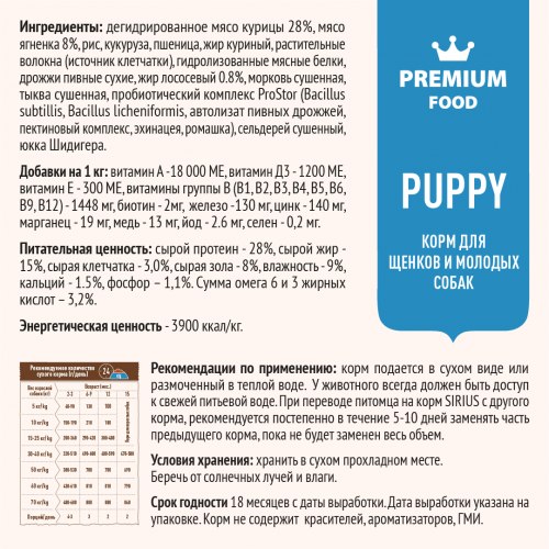 Сухой корм НА РАЗВЕС SIRIUS для щенков и молодых собак, Ягненок и рис 1 кг
