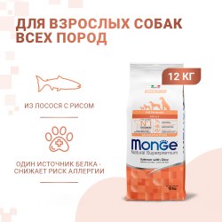 Сухой корм Monge Dog Speciality Line Monoprotein для взрослых собак всех пород, из лосося с рисом 12 кг