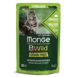 Влажный корм Monge Cat BWild GRAIN FREE для стерилизованных кошек, беззерновой, из мяса дикого кабана с овощами, паучи 85 г