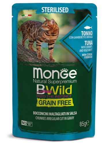 Влажный корм Monge Cat BWild GRAIN FREE для стерилизованных кошек, беззерновой, из тунца с креветками и овощами, паучи 85 г