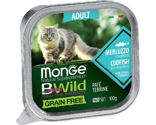 Влажный корм Monge Cat BWild GRAIN FREE для кошек, беззерновой, из трески с овощами, ламистер 100 г