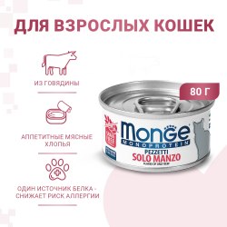 Влажный корм Monge Cat Monoprotein для кошек, мясные хлопья из мяса говядины, консервы 80 г