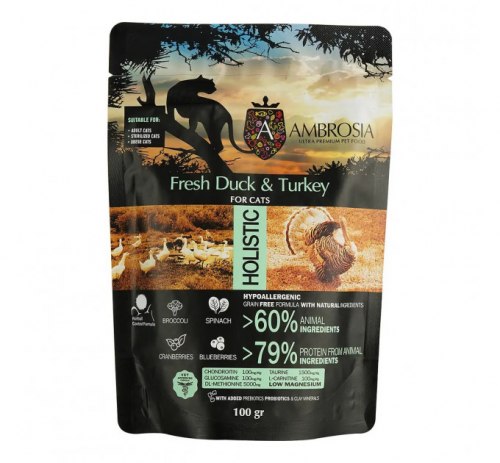 Сухой корм НА РАЗВЕС AMBROSIA GRAIN FREE для стерилизованных кошек, свежие утка и индейка, 1 кг