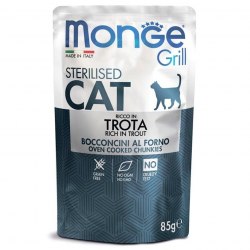 Влажный корм Monge Grill sterilised cat. Кусочки в желе c итальянской форелью, 85г