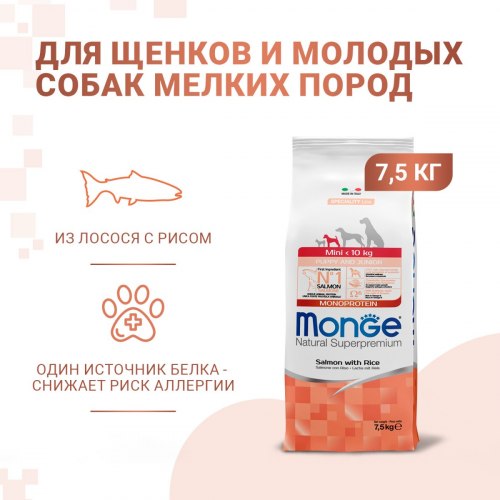 Сухой корм НА РАЗВЕС Monge Speciality Line Monoprotein для щенков мелких пород, из лосося с рисом 1 кг