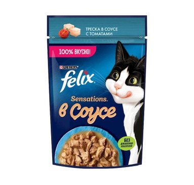 Консерва Felix Sensations для кошек (Треска с томатами в соусе) 75 г