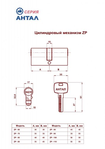 Цилиндровый механизм Антал ZP-60-N ХРОМ 5-ПЕРФО. КЛ./КЛ.