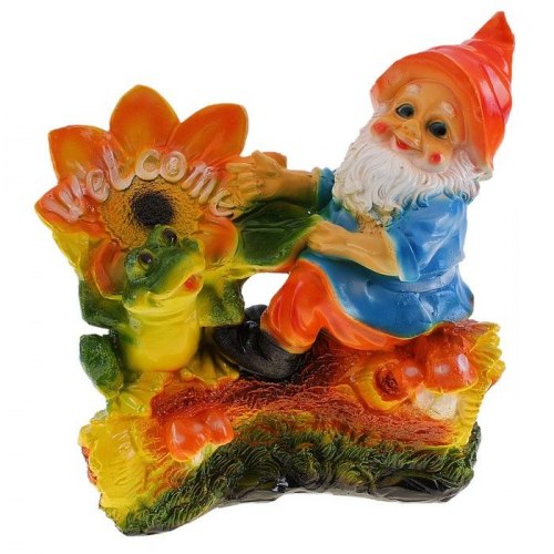 Садовая фигурка из гипса Гном с лягушкой на бревне (250*260мм)